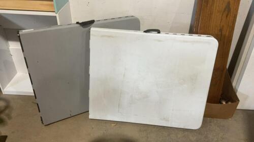 2 PLASTIC FOLDING TABLES, ONE DARK GREY, ONE LIGHT GREY