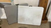2 PLASTIC FOLDING TABLES, ONE DARK GREY, ONE LIGHT GREY