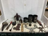 SHOP BOX W/ PISTON RING EXPANDER, CYLINDER RIDGE REAMERS, PISTON RING COMPRESSOR & MISCELLANEOUS
