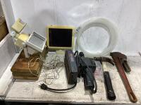 SHOP BOX W/ PIPE WRENCH, SKIL HI-SPEED SANDER, HAMMEE, SOLAR PANEL, WOODEN BOARDS & MISCELLANEOUS