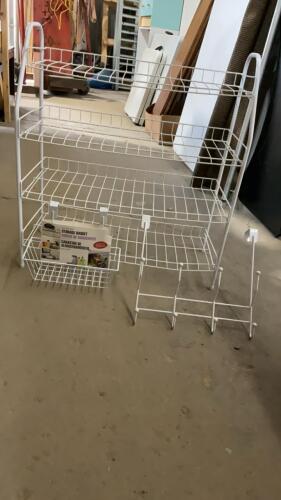 METAL SHOE RACK - 4 LEVELS, METALIC OVER THE DOOR HANGER, METALIC OVER A CABINET DOOR STORAGE BASKET