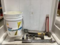 SHOP BUCKET W/ SAW, MILIWAWKEE HACK SAW BLADES, HAMMERS, SOCKETS & MISCELLANEOUS