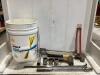 SHOP BUCKET W/ SAW, MILIWAWKEE HACK SAW BLADES, HAMMERS, SOCKETS & MISCELLANEOUS