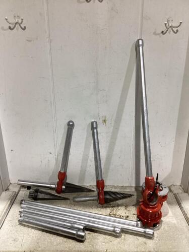 SHOP BOX OF RIDGID TOOLS W/ (2) PIPE REAMERS, PIPE THREADER, (2) DIE-HEADS & PIPES
