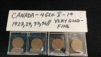 (4) GEO V CANADA ONE CENT COINS - 1928/29/32/36