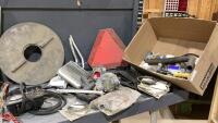 BOX OF MISC SHOP/PARTS - TEEJET SPRAYER CONTROL, PLUMBING PARTS, FENCE TIE WIRES, WATER TANK LID