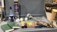 BOX W/LAVA LAMP , LUTHERAN HYMNALS, BULBS, GRINDER, DVD&rsquo;S, VHS