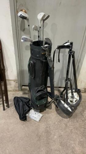 IZUNO GOLF BAG W 7 CLUBS AND PORTABLE CART