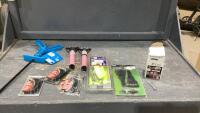BOX W/ PAINT MIXER, FLOOR TOOL BLADES, LANYARD, GALVANIZED 2&rdquo; SCREWS, SCRAPERS, STRAP HINGE
