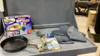 LIDDED TOTE W/PLATE CADDY, COLEMAN RAINSUIT, WAGNER CAST FRYPAN, MULTI USE HATCHET
