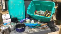 GREEN TOTE W/CAMPING SUPPLIES - POTS, BBQ TOOLS, PITCHER, KITCHEN UTENSILS