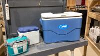 (2) COOLERS - ONE SMALL COLEMAN + (1) 2-WHEELED COLEMAN + INSULATED LUNCH BAG