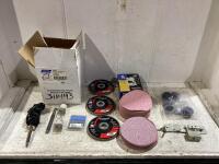 SHOP BOX W/ SANDING DISCS/ROLLS/FLAPS, DEBURING BLADES, HANDS-FREE FOLDABLE MAGNIFIER & MISCELLANEOUS