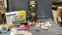 A MIXED BOX OF VINTAGE ITEMS, MASK, CASSETTE, MOUSE HABITAT(PARTIAL), OGILVIE PLAY MONEY