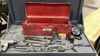 BEACH TOOLBOX W/ WRENCHES, HACKSAW, CP IMPACT, SOCKETS, TAPE MEASURE