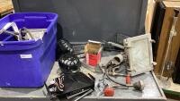 BLUE TOTE W/ BRACES, MIRRORS, LIGHS, ROUTER, SHELF BRACKETS