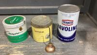 BOX W/ 2 TABACCO TINS, VALVOLINE TIN + SMALL OIL CAN