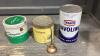 BOX W/ 2 TABACCO TINS, VALVOLINE TIN + SMALL OIL CAN