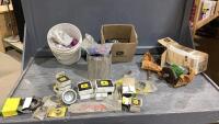 BOX OF JOHN DEERE PARTS, SWATHER KNIVES, ORBIT MOTOR, SPRAYER JETS