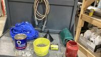 BOX W/POWER CABLES, PINS, NAILS, FUNNEL, TRAILER PLUG, TARPS
