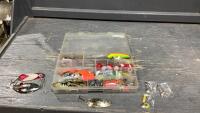 ORGANIZER WITH FISH HOOKS, WEIGHTS, BOBBERS