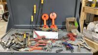 GREEN TOTE W/SOCKETS, WRENCHES, SCREWDRIVERS, HAMMERS, PRYBARS, HACKSAW