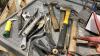 GREEN TOTE W/SOCKETS, WRENCHES, SCREWDRIVERS, HAMMERS, PRYBARS, HACKSAW - 3