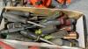 GREEN TOTE W/SOCKETS, WRENCHES, SCREWDRIVERS, HAMMERS, PRYBARS, HACKSAW - 5