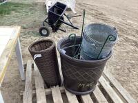 PALLET W/ PLASTIC POT, (3) METAL BUCKETS, WICKER VASE & METAL PLANT HOLDER