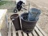 PALLET W/ PLASTIC POT, (3) METAL BUCKETS, WICKER VASE & METAL PLANT HOLDER
