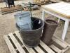 PALLET W/ PLASTIC POT, (3) METAL BUCKETS, WICKER VASE & METAL PLANT HOLDER - 2