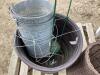 PALLET W/ PLASTIC POT, (3) METAL BUCKETS, WICKER VASE & METAL PLANT HOLDER - 3