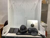 SHOP BOX OF (2) POWERFIST RUBBER WHEEL CHOCK, HELMET & A MASTERCRAF TOOL WAIST BAG