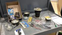 BOX OF ASSORTED SHOP/AUTO SUPPLIES - LIGHTS, BOOSTER CABLE CLAMP, 3/8&rdquo; SPLIT LOOM
