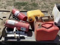PALLET W/ (2) FIRE EXTINGUISHERS, (2) DIESEL FUEL CANS, JERRY GASOLINE CANS & FIRE EXTINGUISHER BRACKET