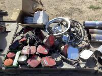 PALLET W/ ASSORTED STEERING WHEELS, WHEEL CAPS, SIDE MIRRORS, LIGHTS & MISCELLANEOUS