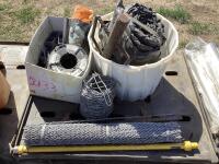 PALLET OF MISCELLANEOUS W/ BARBED WIRE, CLAMP, SHOVEL HEADS, SPOOL WIRE, PLASTIC PINS & MISCELLANEOUS