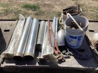 PALLET OF MISCELLANEOUS W/ EXHAUSTED PIPE, BOLT CUTTERS, ASSORTED BRACKETS & 4-BOLT POLES