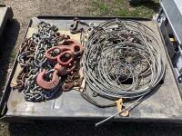 PALLET W/ CHAIN HOOKS, STEEL CABLES & MISCELLANEOUS