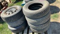 2 HANKOOK TIRES AND 2 WINTERMASTER PLUS - P195/75R14, 3 NOKIAM HAKAPELIITTA W 5 BOLT RIMS - 195/65R15