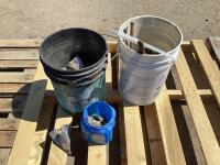 (2) PAILS OF LOAD BINDERS, HOOK CHAINS, TILLAGE TOOLS & MISCELLANEOUS