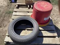 PALLET W/ (2) BUCKETS & TIRE