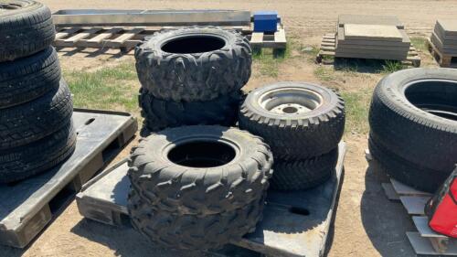 5 ATV TIRES, 2 LAWNMOWER TIRES W RIMS 5 BOLT PATTERN