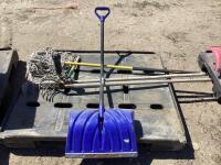 PALLET W/ SHOVEL, MOP, SPRINKLER & MISCELLANEOUS