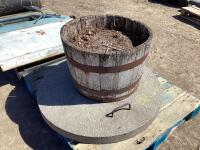 PALLET W/ BARREL PLANTER + CEMENT LID