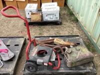 PALLET W/ MILITARY JERRY CAN, MISCELLANEOUS CAR PIPES & POWER WASHER 2-WHEEL DOLLY