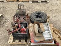 PALLET OF MISCELLANEOUS W/ TIRE, SEAT, SPRINGS & BENCH VISE