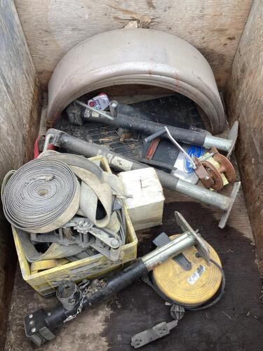 WOODEN CRATE W/ TRAILER JACKS, FENDERS, CORD EXTENSION REEL, TOW STRAPS & RATCHET STRAPS