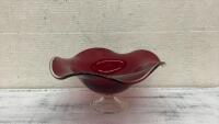 VINTAGE RED GLASS FLUTED BOWL ON PEDESTAL