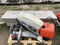 PALLET W/ DIAMOND PLATE TRUCK TOOL BOX 5FT X 19.5", (2) BOAT MOTOR PARTS & QUICKSILVER GASOLINE TANK